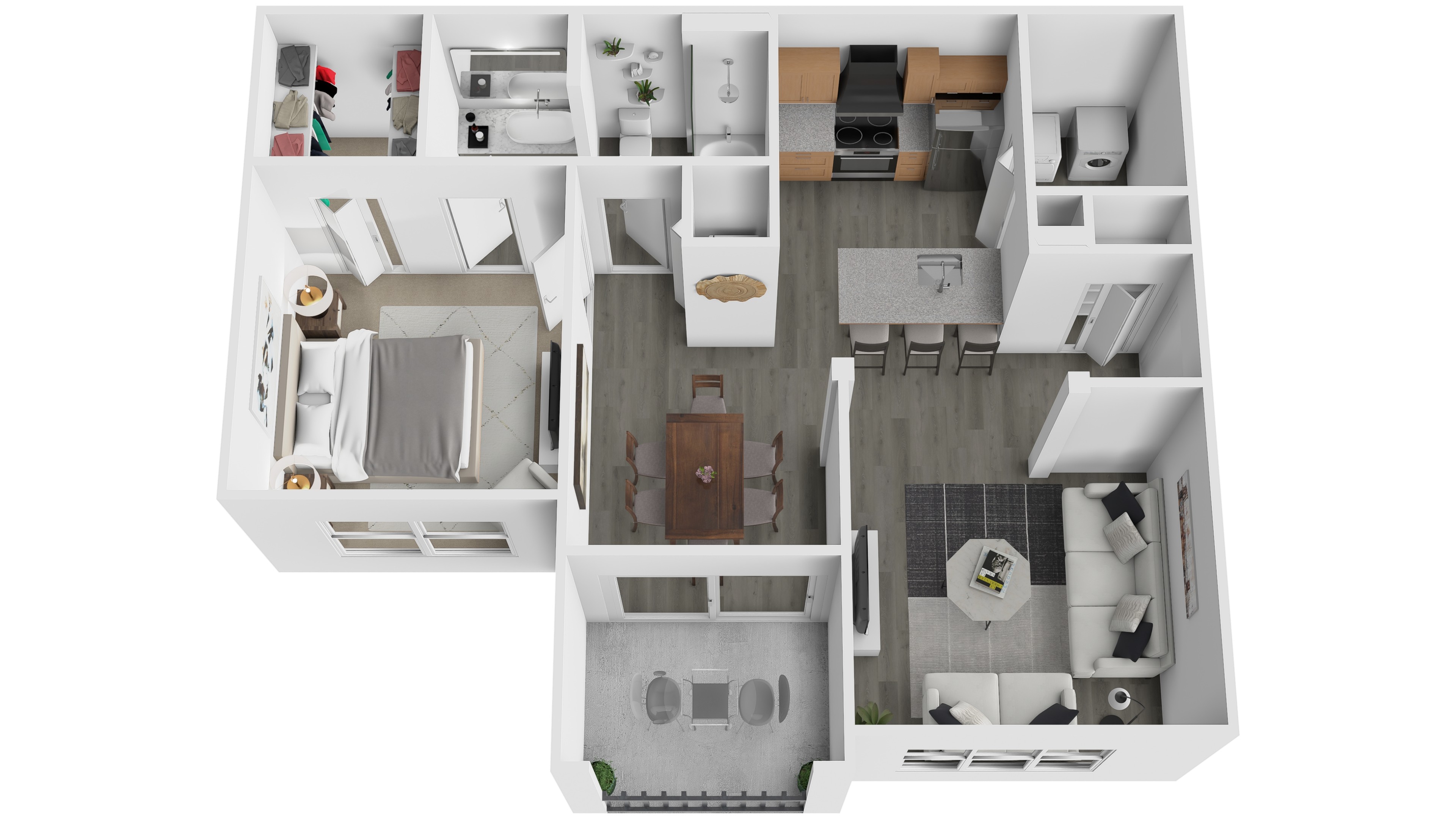 A 3D floor plan of a small apartment with a kitchen, living room, and bathroom.